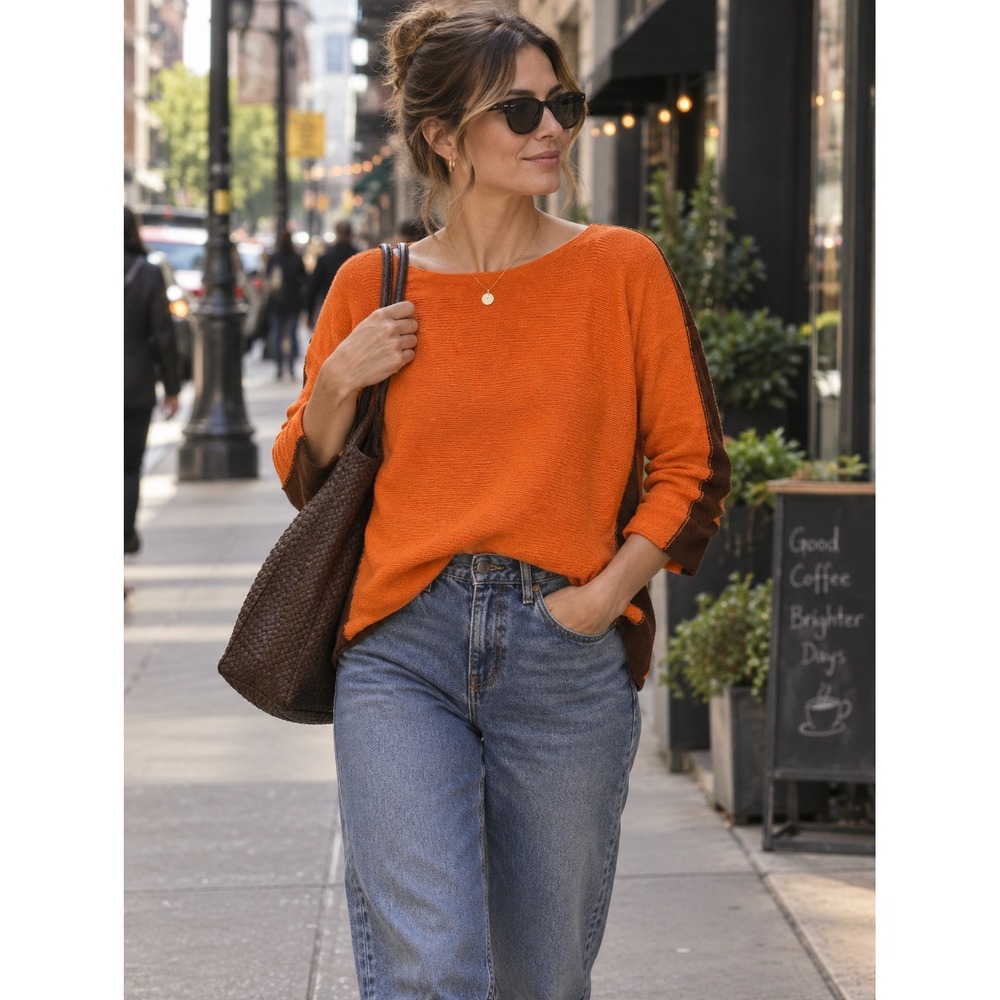 Why Not Sweater Women XL Orange Brown Colorblock Lightweight Knit Pullover